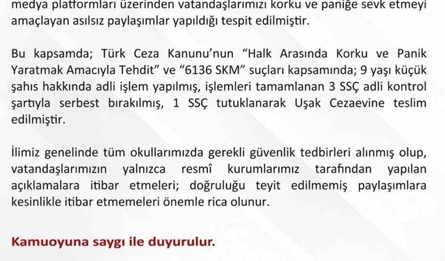 Uşak'ta asılsız paylaşımlara yönelik 1 şüpheli tutuklandı