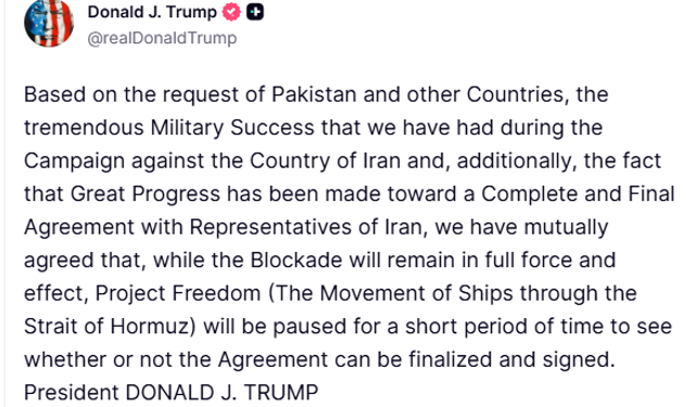 ABD Başkanı Trump: 'Özgürlük Projesi kısa bir süreliğine durdurulacak'