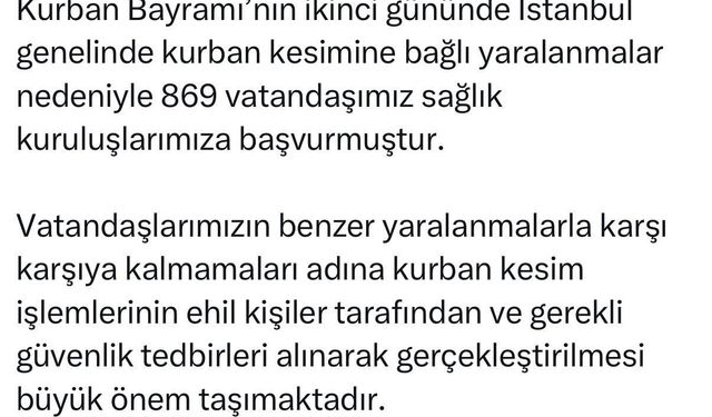 İstanbul İl Sağlık Müdürü Güner: 'Kurban kesimine bağlı 869 vatandaşımız sağlık kuruluşlarımıza başvurmuştur'
