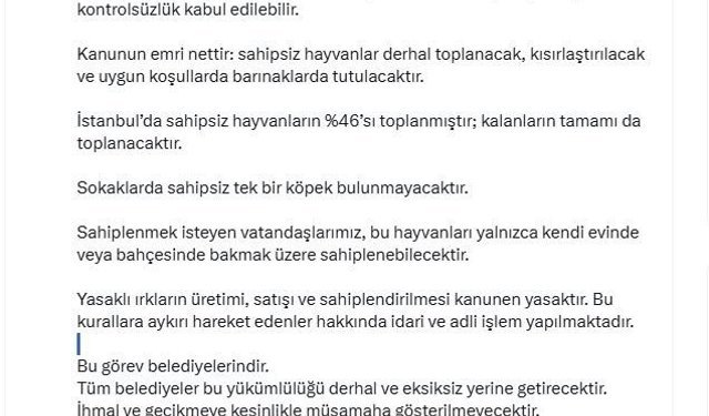 İstanbul Valisi Davut Gül: 'Sahipsiz hayvanların yüzde 46'sı toplanmıştır; kalanların tamamı da toplanacaktır'
