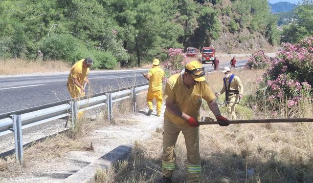 Marmaris'te orman yangınlarına karşı yol kenarlarında yoğun mesai