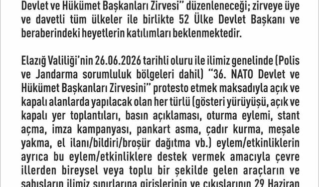 Elazığ'da 14 günlük eylem yasağı