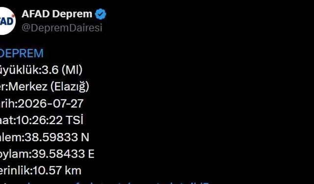 Elazığ'da 3.6 büyüklüğünde deprem