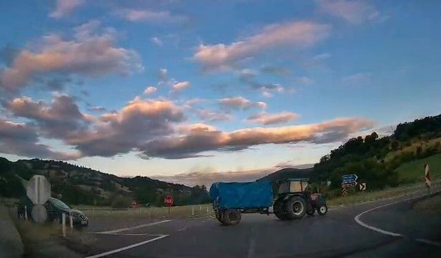 Önüne çıkan traktöre çarpmaktan kılpayı kurtuldu: O anlar kamerada