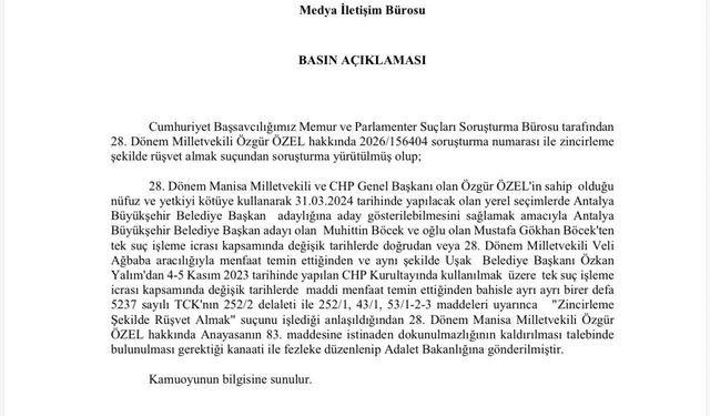 Özgür Özel'in dokunulmazlığının kaldırılması için hazırlanan fezleke Adalet Bakanlığına gönderildi
