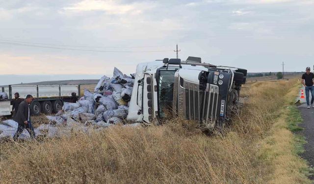 Meşe kömürü yüklü tır devrildi, sürücüsü yaralandı
