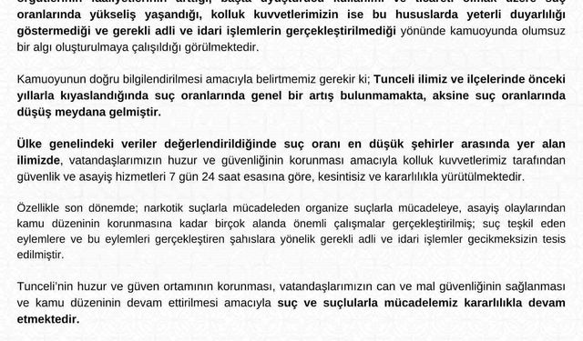 Tunceli Valiliği: 'Suç oranlarında genel bir artış yok, aksine düşüş var'