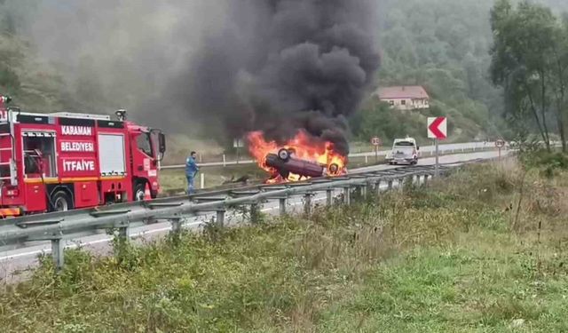 Zonguldak'ta takla atan otomobil alevlere teslim oldu: 1 yaralı