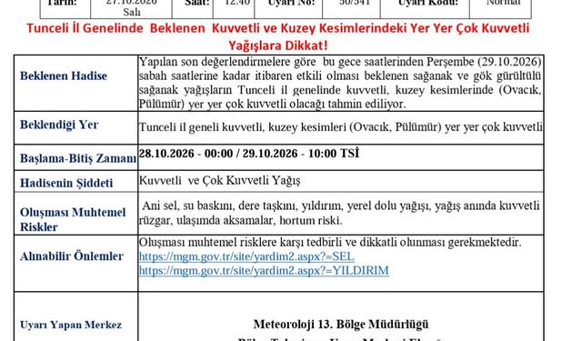 Meteorolojiden Tunceli için kuvvetli yağış uyarısı