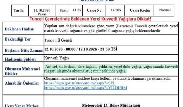 Tunceli için kuvvetli yağış uyarısı