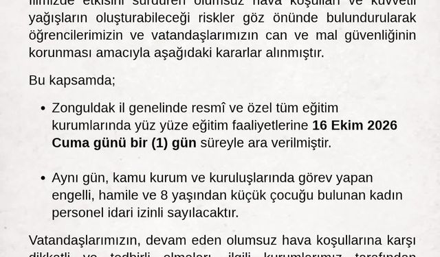 Zonguldak Valiliğinden yağış kararı: Okullara bir gün ara, bazı personele idari izin
