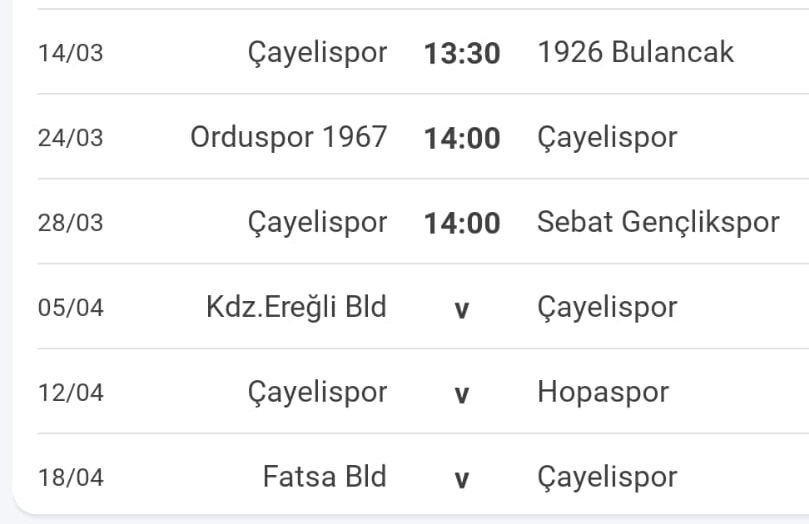 Çayelispor Fikstür