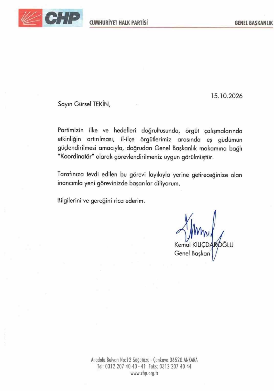 Gürsel Tekin, 'Genel Başkanlık Makamına Bağlı Koordinatör' görevine getirildi