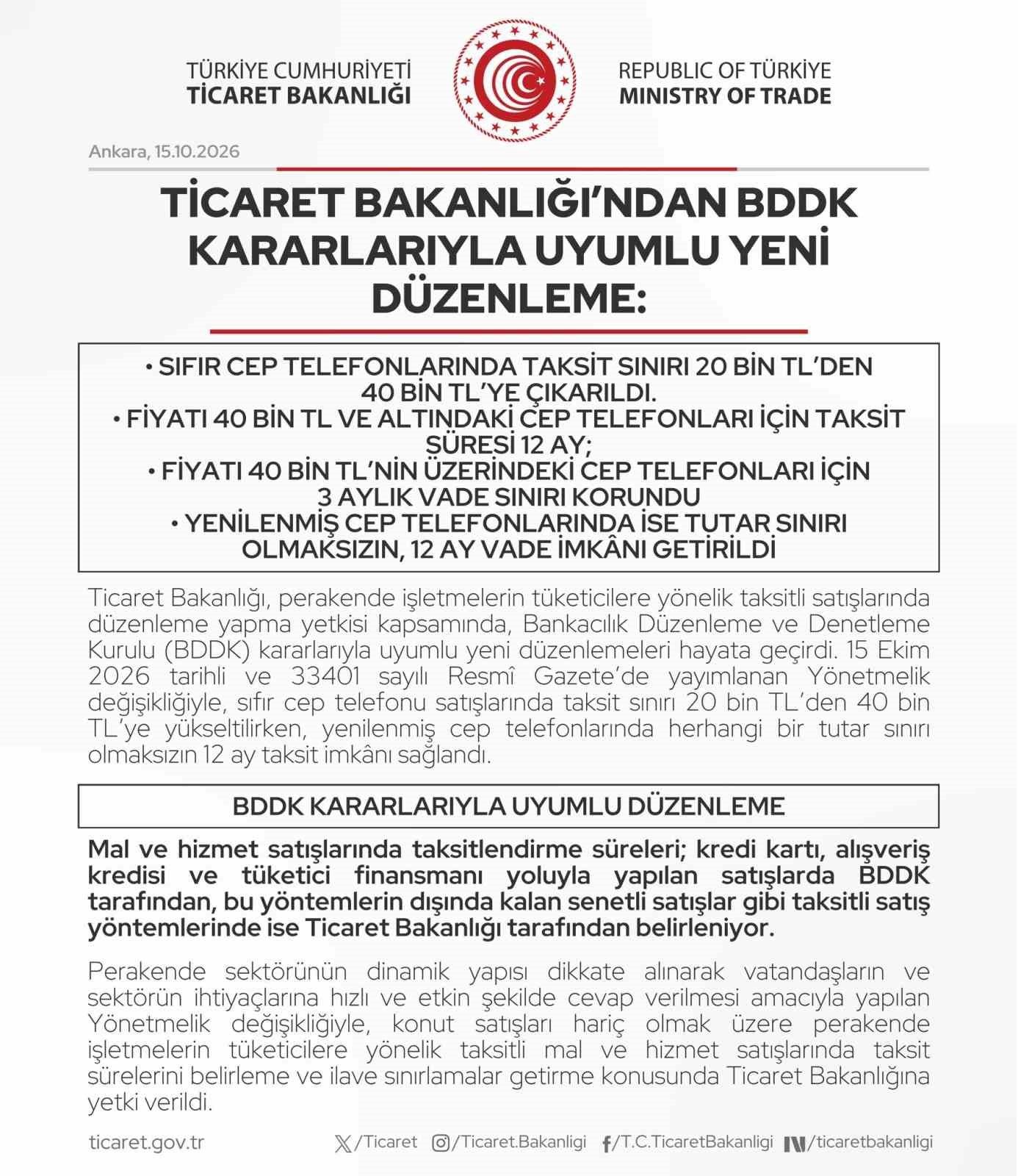 Ticaret Bakanlığı'ndan cep telefonu taksitlerine yeni düzenleme